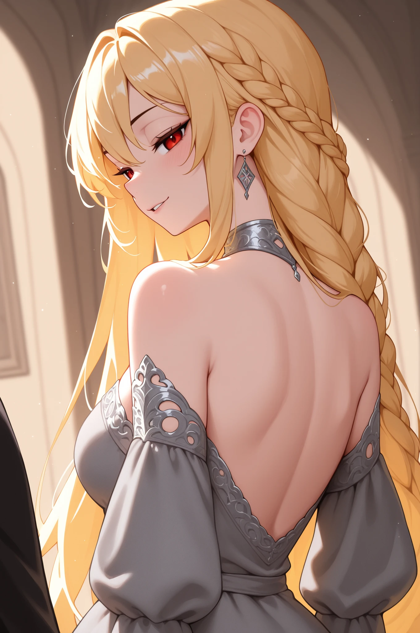 (masterpiece, best quality:1.2), extremely detailed, detailed hair, soft skin,
1girl, solo, standing, upper body, from behind,
blonde hair, long hair, high ponytail, long ponytail,
red eyes, long eyelashes, thick eyelashes, looking at viewer,
red dress, backless dress, ornate dress, puffy skirt, long skirt, puffy sleeves, juliet sleeves, long sleeves,
nude,
black background,
Kissing a male,
Male, brown hair, tall, muscular, shirtless, black dress pants,