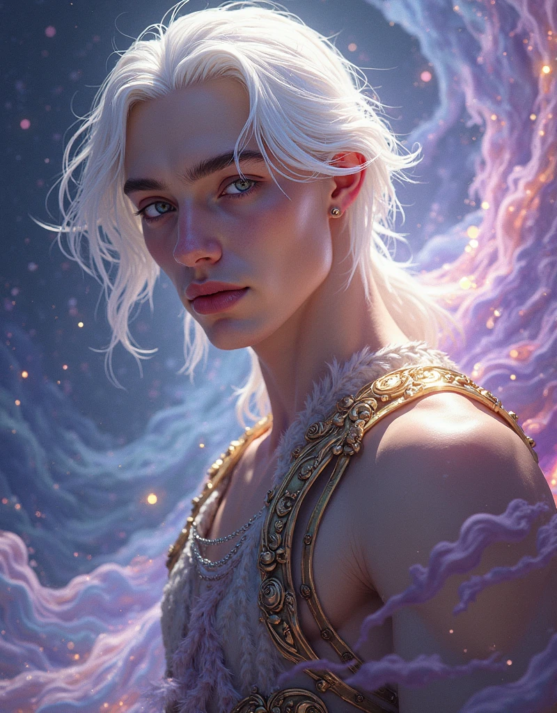 A young man with a round and square face, golden slanted eyes, short golden/blonde hair, an ice demon with skin pale as paper, a tail and horns covered in ice, wearing a white toga, (best quality,4k,8k,highres,masterpiece:1.2),ultra-detailed,(realistic,photorealistic,photo-realistic:1.37),extremely detailed eyes and face,longeyelashes,fantasy,concept art,cinematic lighting,dramatic lighting,dramatic shadows,chiaroscuro,muted colors,cold colors