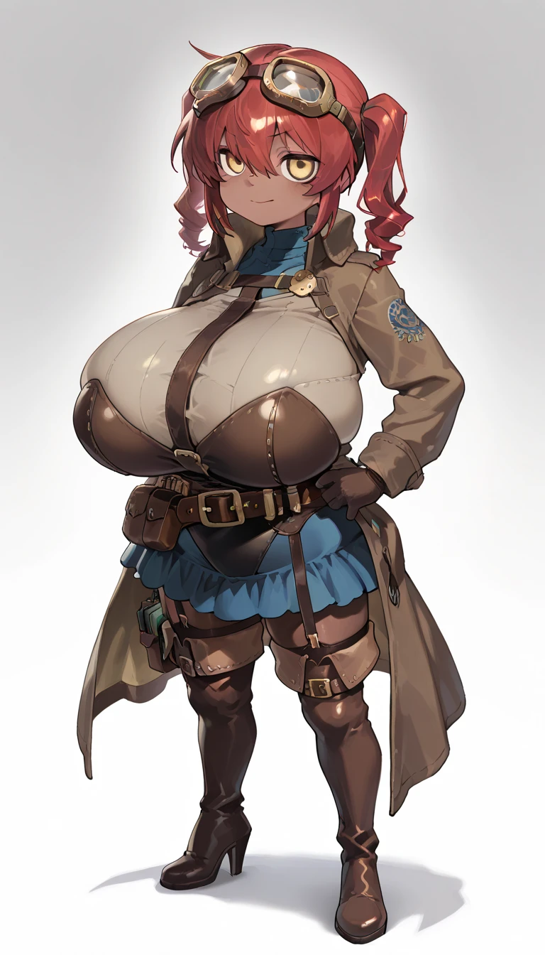(masterpiece), best quality, female warrior, huge girl, female muscular:1.2, hair over one eye, ginger hair, massive breast, curvy, ((thick thighs:1.5)), (((blank background))), ((full body)), fingerless gloves, sandals, sleeveless, covered nipples, (underboobs:1.3), medium hair, thin hair, (crossed arms)