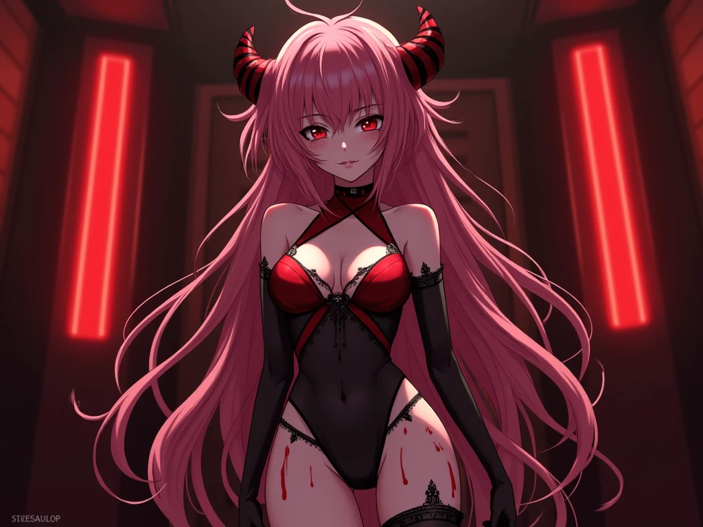 ((Highest quality)), ((masterpiece)), (detailed), (Perfect Face)、The woman is a naked demon queen, Devil Queen Extia Chevalier, wearing a shiny black full-body suit decorated with gold, a sexy female demon, Devil Queen Extia Chevalier、The woman is a female demon with magnificent devil horns, jet black devil wings, and a jet black tail. She is an Extia Chevalier demon with a happy expression as she looks at the camera, with red, medium-long hair in a ponytail and the expression of a girl in love.、The woman is Extia Chevalier