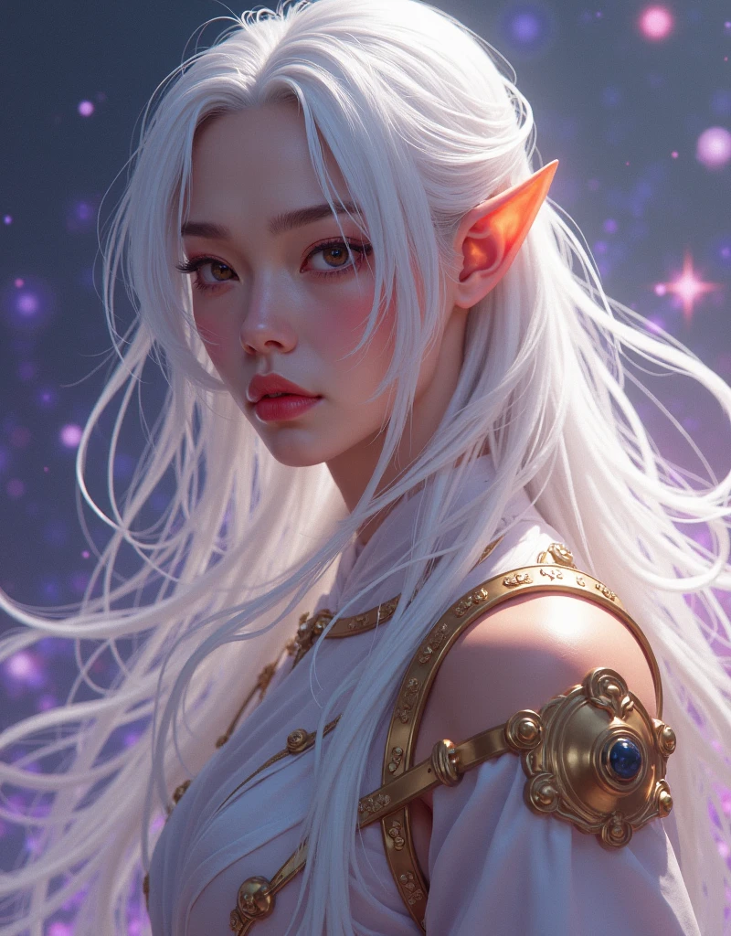 An elf mage with pale skin, white hair with parted bangs and two ponytails behind her head that go down her shoulder, wearing a white robe with golden details and a staff with a semi-circular ornament at the end.