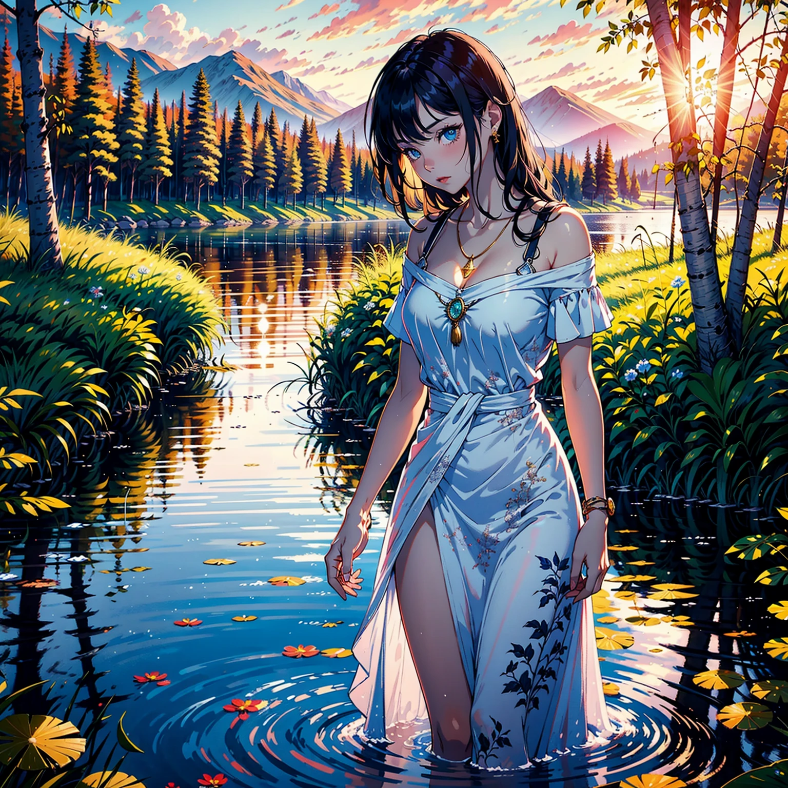 A very beautiful girl happily bathing near a clear and cool waterfall Pink skin Blue eyes Dark hair Detailed face Detailed body Realistic model Highly detailed Natural scenery Cgi 8k resolution