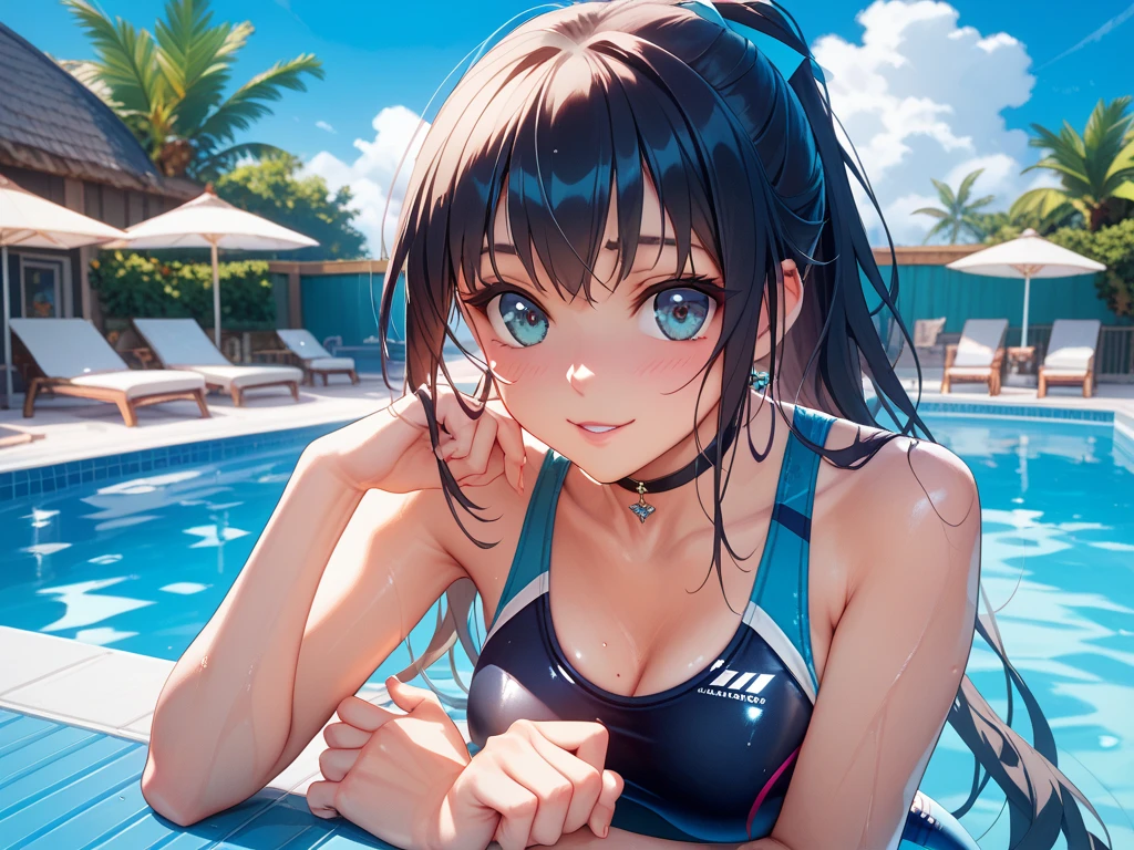 Japanese girl in a blue bikini at the pool、black hair、(green eyes)、long hair、diving underwater、Rise above the surface of the water、looking at the viewer、pose with a smile(highest quality、masterpiece)))、High resolution、very detailed、masterpiece、movie lighting、(8K、highest quality、masterpiece:1.2)、(realistic、Photoreal:1.37) High resolution、Super detailed、1 girl 、Asian, cute, cute顔, Beautiful and detailed sky in Solo, movie lighting, written boundary depth, lens flare light、date、(blush your nose)、(closed your mouth)small breasts、beautiful and delicate eyes、Camera angle looking up from below