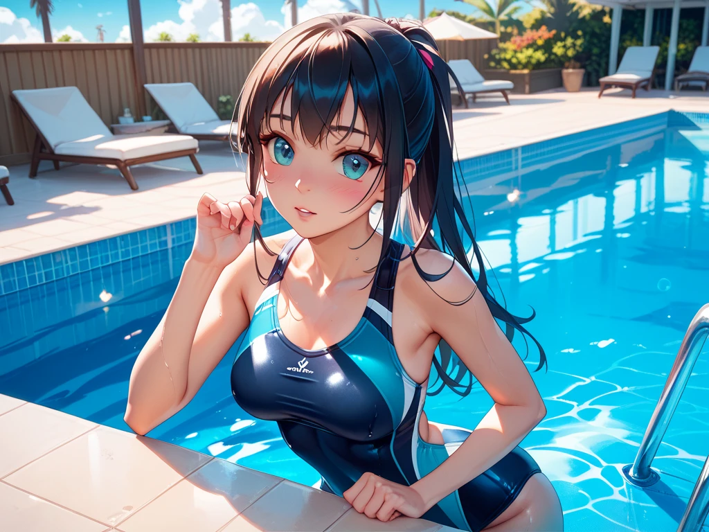 girl in sport swimsuit with inprint from vagina