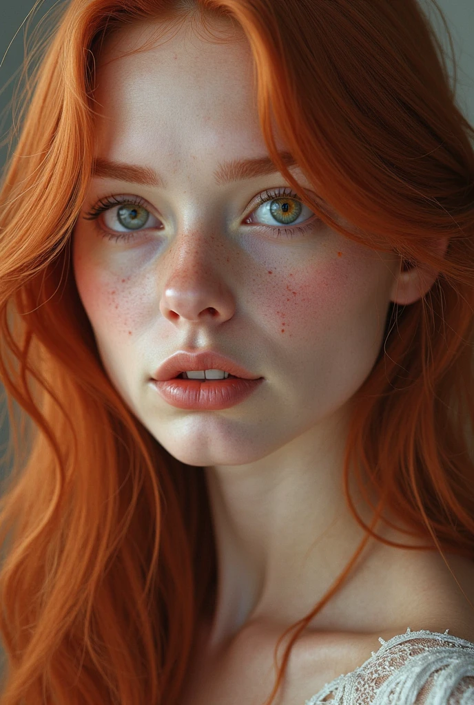 red hair that falls in soft curls over her shoulders. Her angelic face is framed by rosy cheeks and a delicate nose dotted with freckles that give her an even more charming look.. Their eyes, big and bright, convey a sweetness and innocence that captivates anyone who encounters it. She exudes an aura of youth and natural beauty., radiating an irresistible charm. [Realistic, photorealistic], realistic girl