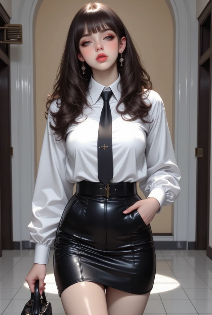 photorealistic, high resolution, soft lights, 1women, solo, hips up, blue eyes, white hair, long hair, close lips, collared shirt, black necktie,black skirt, pencil skirt, fur coat, stockings