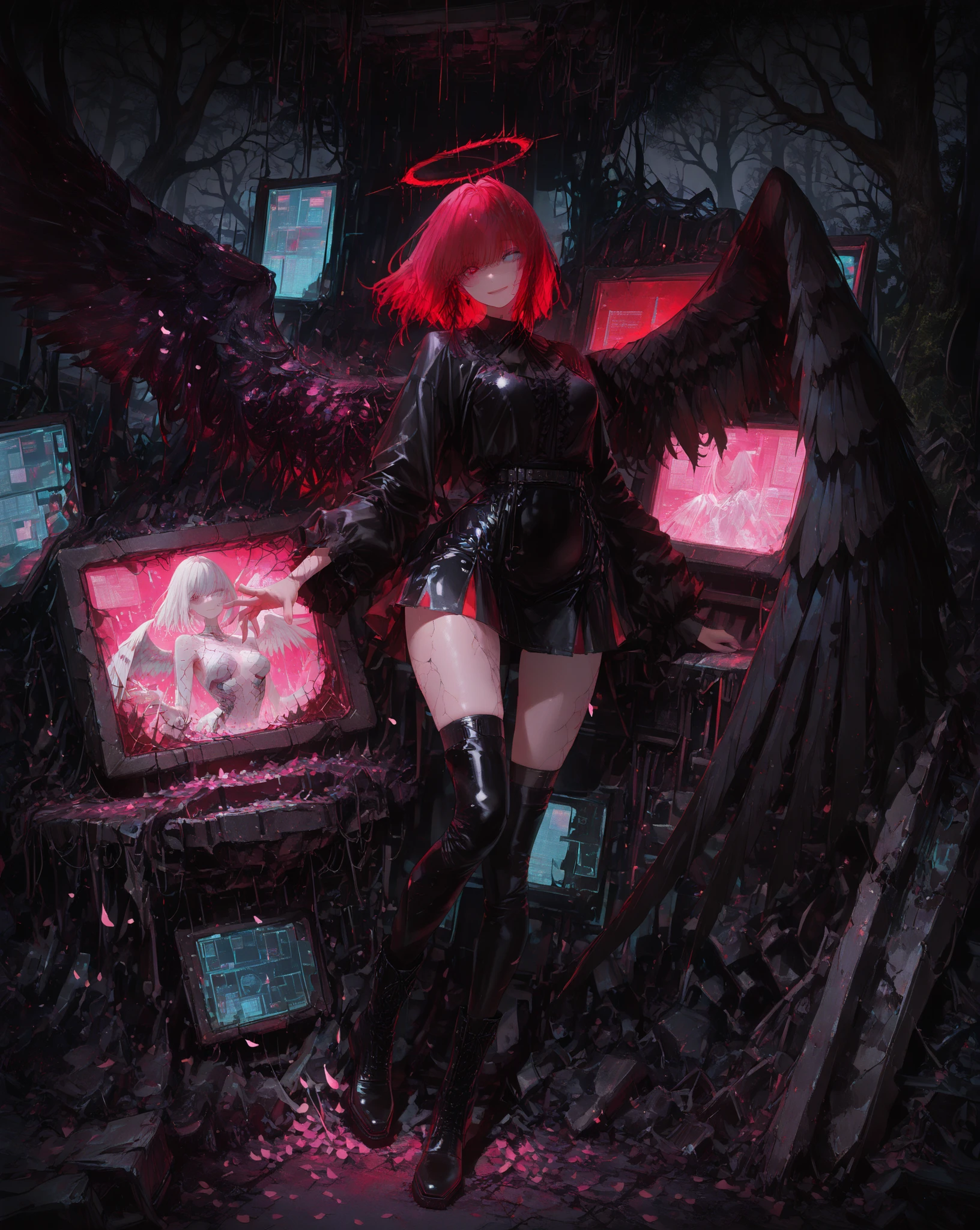 A beautiful woman with long angel wings, (calm and serene look), one wing of each color, one black wing and the other white, hair in shades of red reaching purple, heterochromia in the eyes, wearing a black blouse and a mini skirt with long knee-high socks and black leather boots, in a room in a laboratory, ((destroyed environment)), amidst a projection of beautiful trees with pink petals falling gently, ((living in a hologram)), ((dystopian)), ((dark environment with holographic screens showing trees and pink petals)), ((cracked screen)), (half smile), (tear running from one eye), (beautiful body), (beautiful curves), (well-designed body), ((full body view)), ((detailed)), ((masterpiece)), ((high definition)) , ((ultra HD))