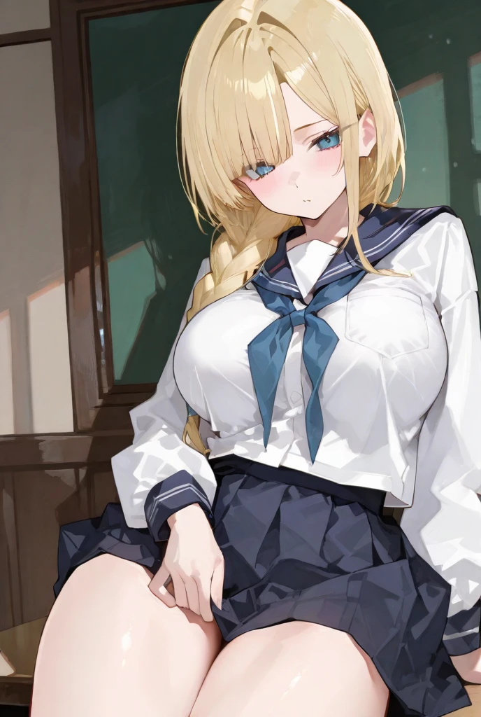 Highest quality,masterpiece,masterpiece portrait,((full body)),　Blonde、Blue Eyes、Pink lips、、White shirt、Black Ribbon、Sexy atmosphere、cartoonist、(((Slightly erotic)))、Wear a red beret、((Posing with a fountain pen))、Anime Style、Beauty、((The background is the wall of a coffee shop))、Sitting in a chair、(((Front view)))、Looking up