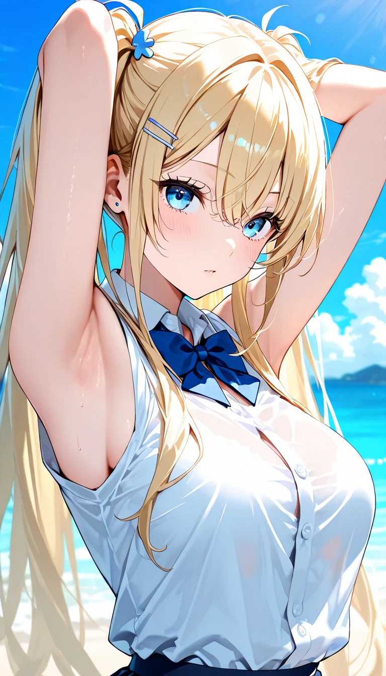 Close up of face to chest, (((toppless))), (((sheer sailor shirt , Sleeveless ))), (((Show off cleavage))), (((Large breasts))), (((Open front))), Detailed beautiful eyes, (((Sunny))), extremely detailed CG unified 8k wallpaper, very fine 8KCG wallpaper, (masterpiece, Best Quality), High resolution, Ultra-detailed, ultra-sharp, 1 girl, Naked, perfecteyes eyes