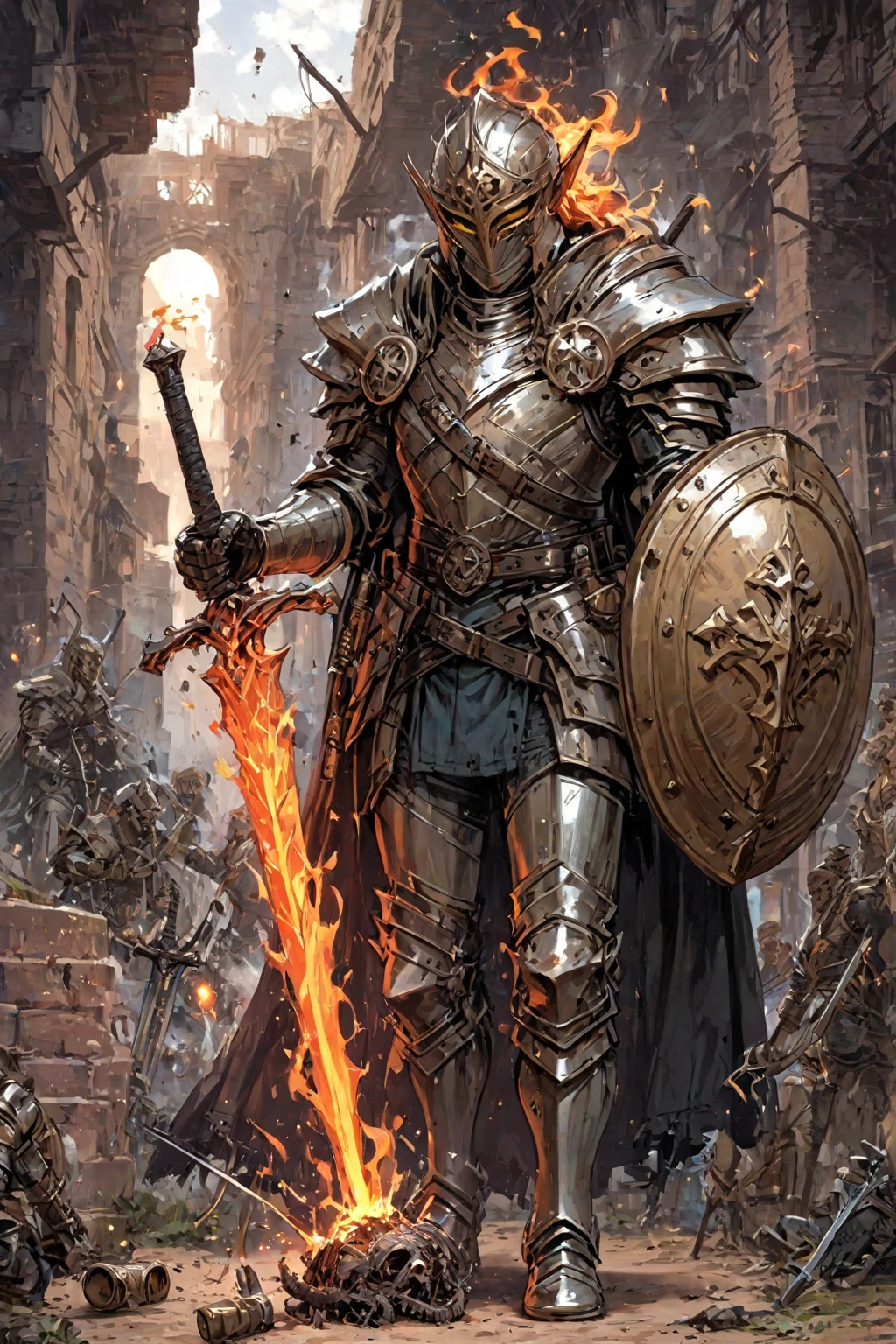 best quality,masterpiece,highly detailed,ultra-detailed, l,<lora:neg4all_bdsqlsz_V3.5:-1> <lora:bg3art:1> bg3,bg3art, weapon, sword, holding, stairs, holding weapon, scenery, helmet, holding sword, armor, fire, standing, solo, skull, skeleton, ambiguous gender, 1other, 1boy