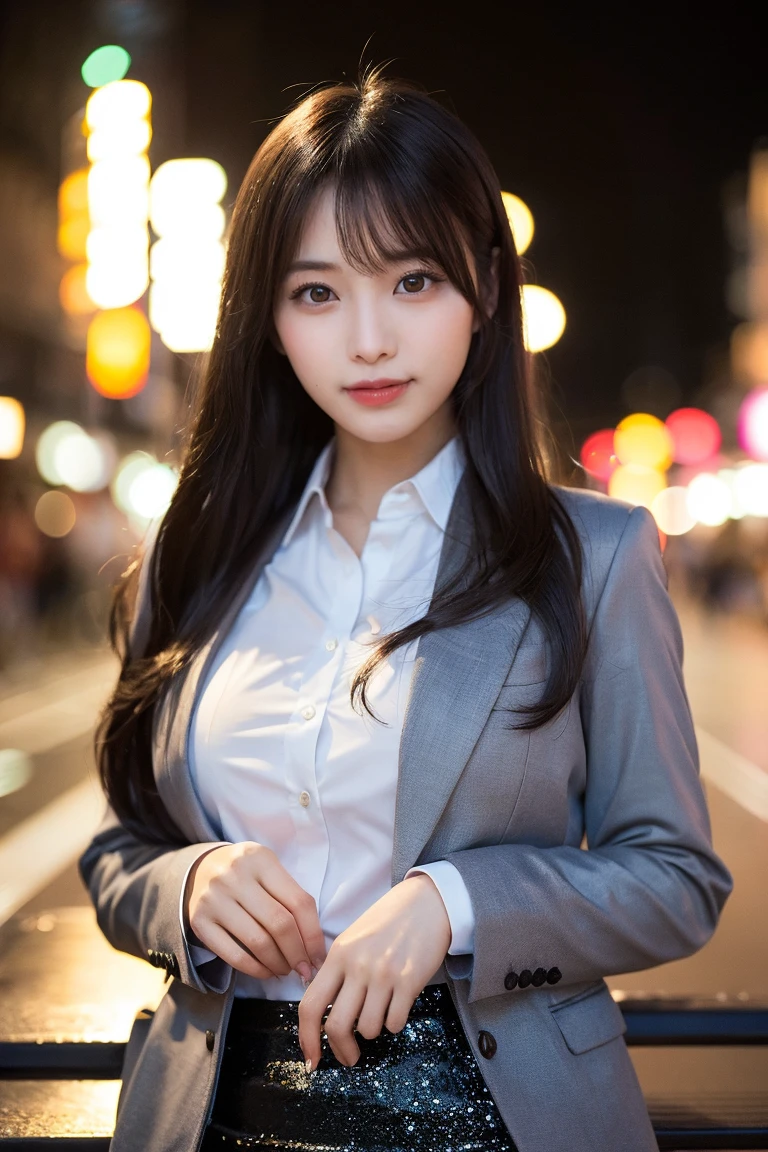 solo, (office lady,white coat,), 半身照,牛仔照, city_lights, (looking viewer:1.3), 唇裂, red_lips, 有光泽的皮肤, skindentation, best quality, ultra high res, (photorealistic:1.4 ),