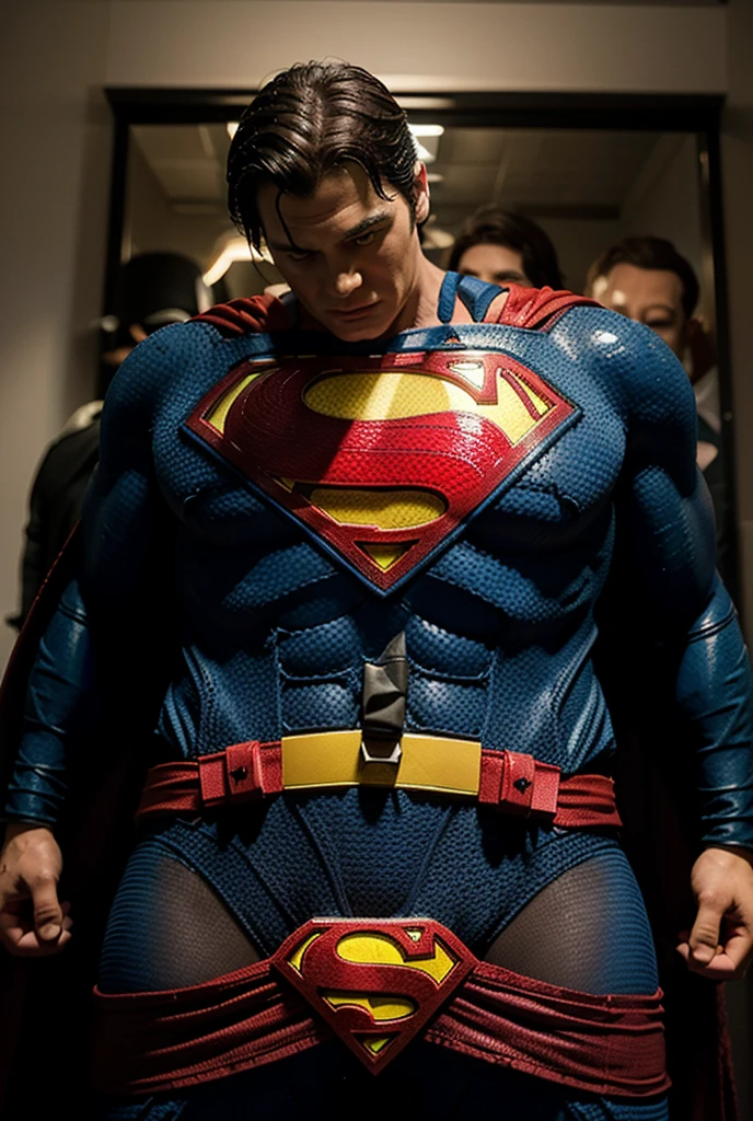 Man body setting,Superman costume tights , (bare thighs ) , sexy , NSFW , eroticism , R18 , seduction, standing , high raise thong , big thighs , fat hips. korean man