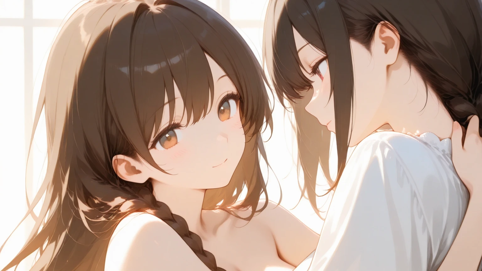 (((masterpiece, Highest quality, High resolution, 超High resolution, Pixel perfect, Written boundary depth, 4K, RTTX10.0, High resolution))),((Long Hair, bangs, Dark brown hair, Different types of hairstyles, Twin tails, ponytail)),((((Completely naked)))),(((Completely naked))),((Completely naked)),(Completely naked),ベッドの上でCompletely nakedで股間を見せ合いながら横一列に膝立ちで並んでいるフルヌードのローティーンのグループ,
