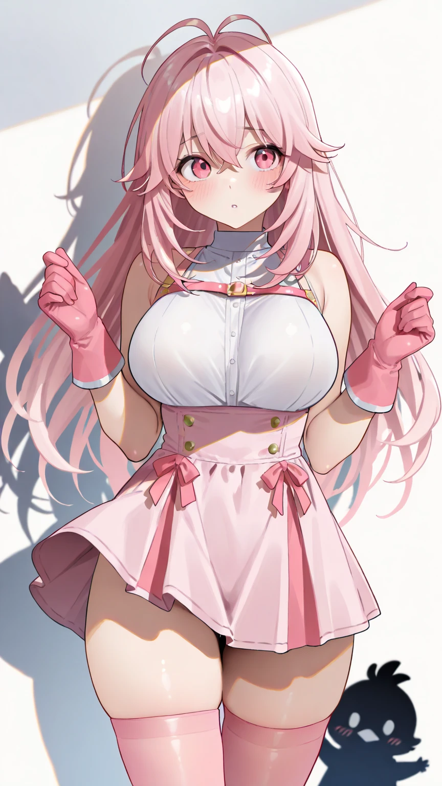 She has hot pink hair, lavender eyes, rosy cheeks, fair skin, pink lips, pink eye shadow, black eyebrows, and matching eyelashes. She wears a lot of outfits throughout the series, but her favorite is her iconic pink dress, which she wears frequently. This outfit consists of a dark pink dress with a diagonally cut hem and a long V-cut neckline that shows her breast cleavage, a white leather belt with a silver sparkly layer, a blue screened decoration over the top, and very fine numbers of silver tassels, clear or light pink stockings, dark pink pumps, and a silver bracelet on her left wrist with a pink stone on it. Regardless of what she's dressed in, she always wears a pair of "magical" crimson star earrings, which Synergy uses to project her illusory outfits.