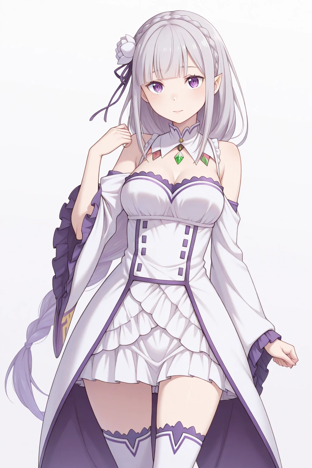 Emilia re:zero, purple eyes, Emilia, crown braid, x hair ornament, flower hair ornament, white hair, long hair, medium breasts, anime girl with long white hair and purple outfit posing, white haired deity, seductive anime girl, ((wearing aristocrat robe)), beautiful alluring anime woman, cute anime waifu in a nice dress, anime goddess, ayaka genshin impact, white-haired, white haired, full body white purple cloak, female anime character, render of april, portrait knights of zodiac girl