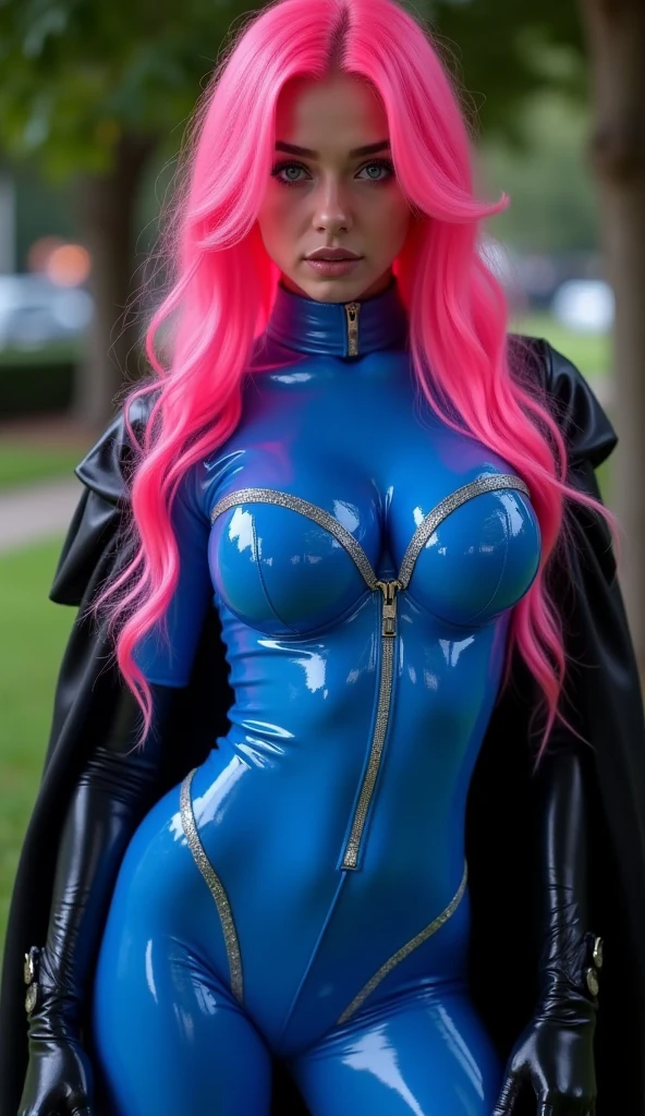4k, women,redhead,red long hair,,blue eyes, mettalic blue corset, metallic blue short skirt,metallic blue shoulder pads, metallic gold arm gloves,metallic gold long boots, naked big breast, walking in a city Mall