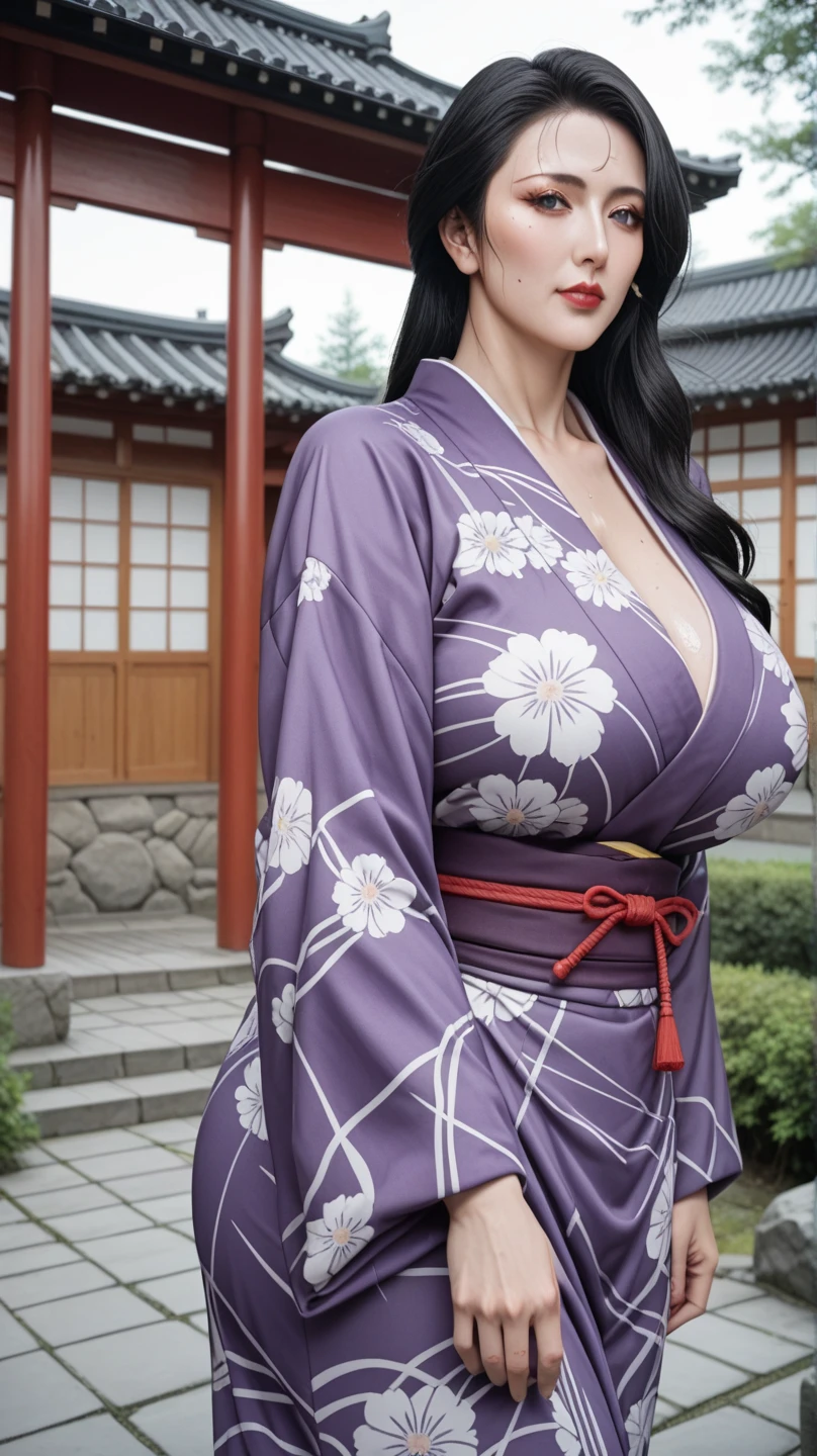 ((best quality)), ((muste piece)), (detailed face), (highlight), princess、Big breasts、blunt bangs、black hair、beautiful japanese kimono、