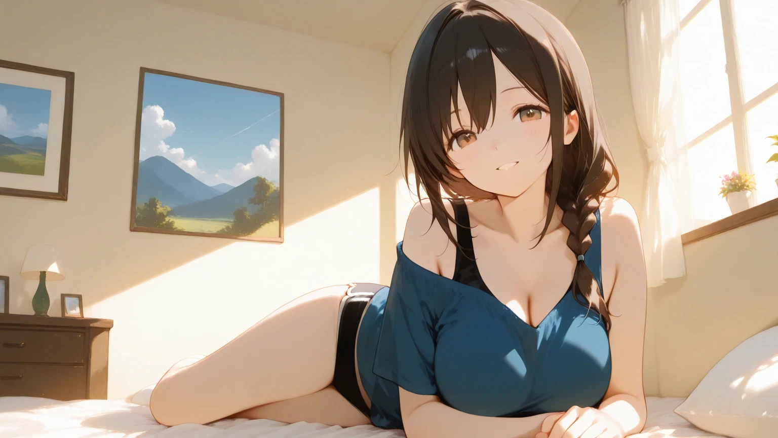 super high quality, ultla highres, hyper-detailed, high contrast, Ultrafine Strike, creative refinement,black hair,smile,Show cleavage,Blue camisole,living room,5 fingers,