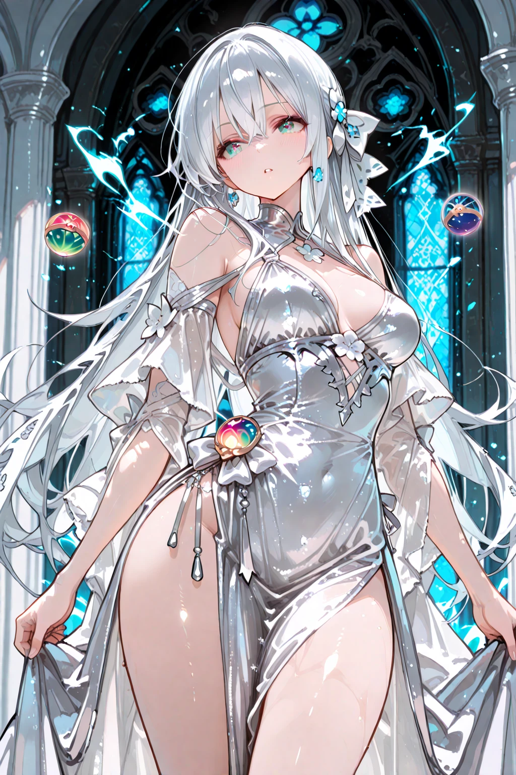 scenecy, Paradise in Heaven, White lighting,(masutepiece), (Best Quality), (Cinematic), 8K, (art  stations), Li Yue painting style.(長い白い髪とSilvery eyesを持つ1人の女), (流れるような白くSheerドレス)、(Beautiful delicate face)、[ Particle Lou Full Moon] [Frozen trees々] [landscape crystal] [Lighting] [Ethereal Atmosphere]:1.1] [Fantasy, short story] [soft Lighting] [+Cinematic shot]:1.2 [+art  stations] [+luminous white background] [+soft Lighting] [soft glow] [Creative and dynamic angles]:1.3, [+Crystal Toning] 、masutepiece, ighly detailed, Ultra-detailed, Solo, (pale skin), Silvery eyes, Frosty white hair, (snowy background), (snowflake rosen flower:1.0), crystal crown, (shining crystal), (((白くSheerドレス))), (Snowy ground), (Icy breath), (White lashes), 花のある部屋に立つSheer繊細なウェディングドレスを着た美女, Female sexy、luxurious wedding, very magical and dreamy, dreamy and detailed, ethereal fairy tale, The setting of a fairy tale:,贅沢なSheer薄いドレス, dreamy diamond、たくさんのクリスタルが付いたSheerドレス, fantasy sheer dress, A magical dress with a transparent chest, crystal see-through dress, Feminine atmosphere and drama in a transparent dress with sparkling flowers, Gorgeous setting, 妖しい雰囲気 masutepiece, The most beautiful scenes, An majestic、(((full of white flowers)))、quiet and serene atmosphere、A charming, Sheer,The nipple is visible、large boob、sexy-S 100,たくさんのクリスタルが付いたSheerドレス, fantasy sheer dress, Transparent chest dress, See-through dress studded with crystals, Woman in a transparent dress with sparkling white flowers, intricate fantasy sheer dress, transparent rainbow color, Detailed translucent costume design, transparent dress, a stunning young ethereal figure, Bejeweled Opal Statue, fantasy transparent costume,pure white and dazzling、all white tones,Inside the crystal library,Transparent flowers and falling snow，Many white roses are planted,(flowingwater,falls,water bloom),The decoration is also carefully done.,Dreamy（ighly detailedです，Creative Design，crisp and precise lines，K HD，best qualtiy，tmasterpiece，超hight resolution，4K）、huge tit、Underwear models、Diverse poses、((beautiful white flower hair ornament))、beautiful hairl型、Full body view、sexymodel、Overhead view, look from above、(Best Quality, 4K, 8K, hight resolution, masutepiece:1.2), Ultra-detailed, Detailed expression, Graceful posture, dreamy ambiance, expressive brush strokes, mystic atmosphere, artistic interpretation,beautiful hairl，Delicate floral jewelry， 驚くほど小さな新鮮なスタイルのSheerドレス、(SFW:1.5), (Oversized breasts, best body proportions, proportions of large breasts,:1.5),