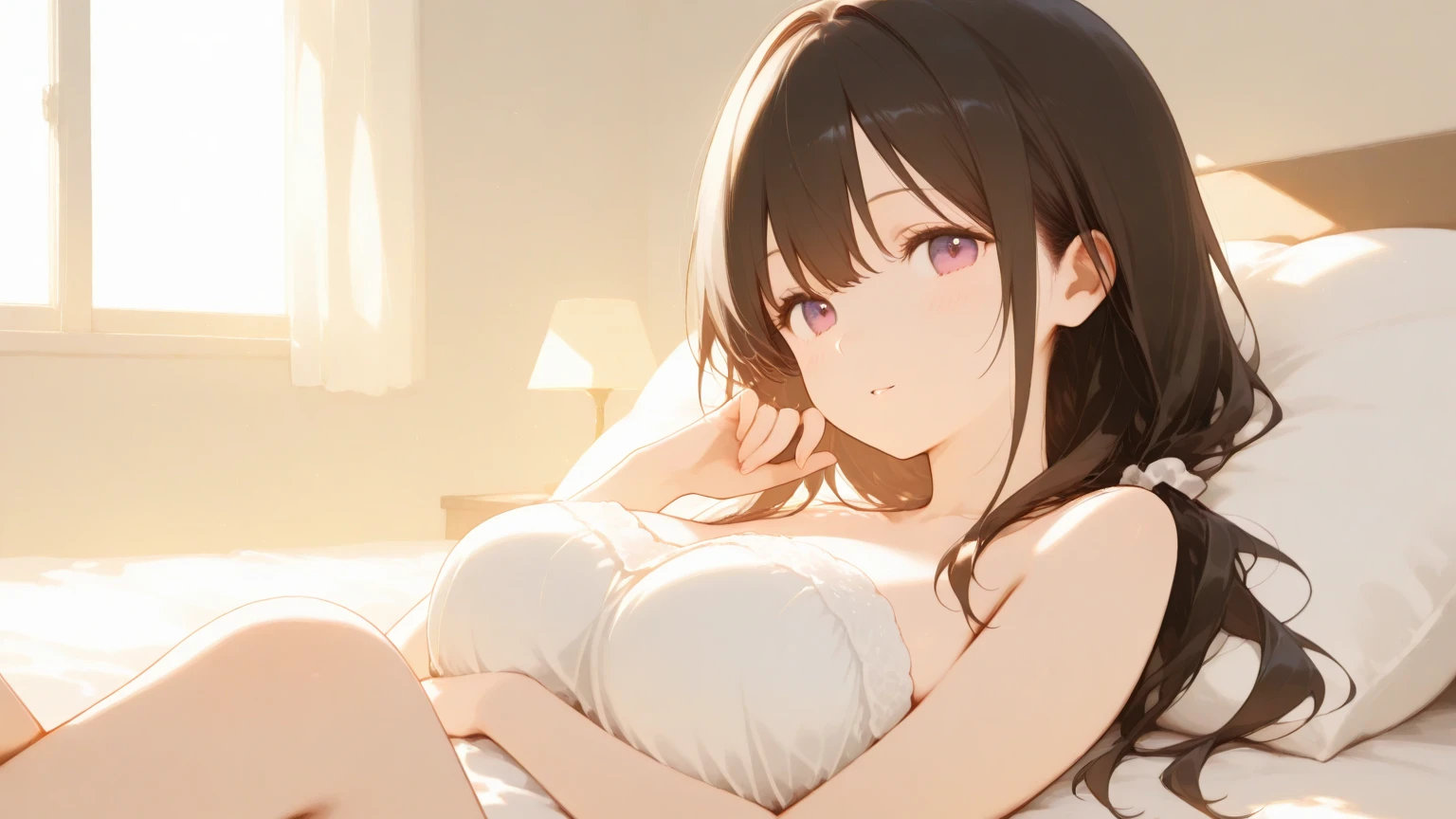 naked, big breasts, nipple, woman laying on a bed with her legs crossed, lying on the bed, relaxed pose