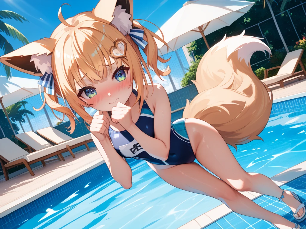 1girl,animal ears,tail,barefoot,fox ears,fox tail,feet,suzuran (arknights),hairband,green eyes,blonde hair,looking at viewer,solo,dress,water,wet,bare legs,fox girl,multicolored hair,sitting,soles,toes,frills,wet clothes,long sleeves,animal ear fluff,multiple tails,white dress,bangs,white hair,blue hairband,frilled dress,legs,full body,blush,plant,kitsune,short hair,ass,white panties,anklet,two-tone hair,see-through,outdoors,underwear,alternate costume,closed mouth,