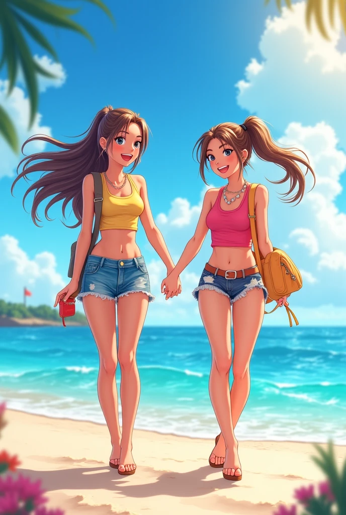 Desenho animado com muitas pessoas na praia