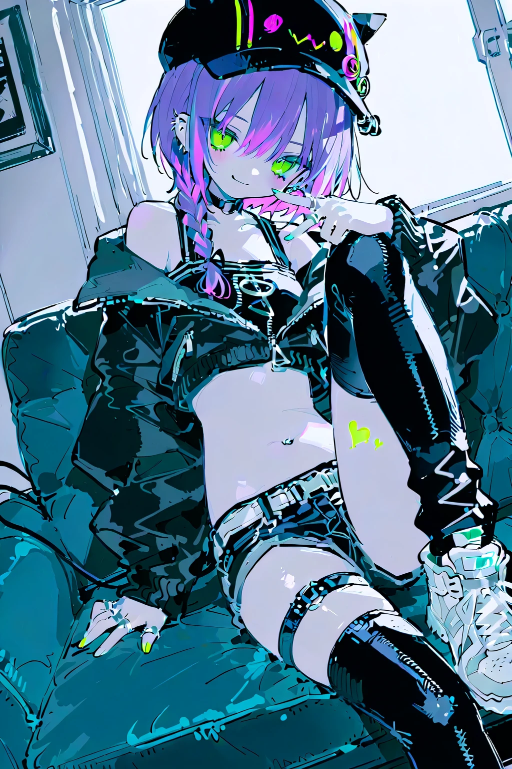 (((masterpiece,Highest quality))),(((A male anime character with a multi-colored, spiky hairstyle, sunglasses, and a somewhat revealing patent leather jacket and Visual Kei outfit.))),((Wearing a small hat at an angle)),(((Sticking out tongue))),Focus on the whole body,(high quality),アニメ,rainbow highlights hair,streaked hair