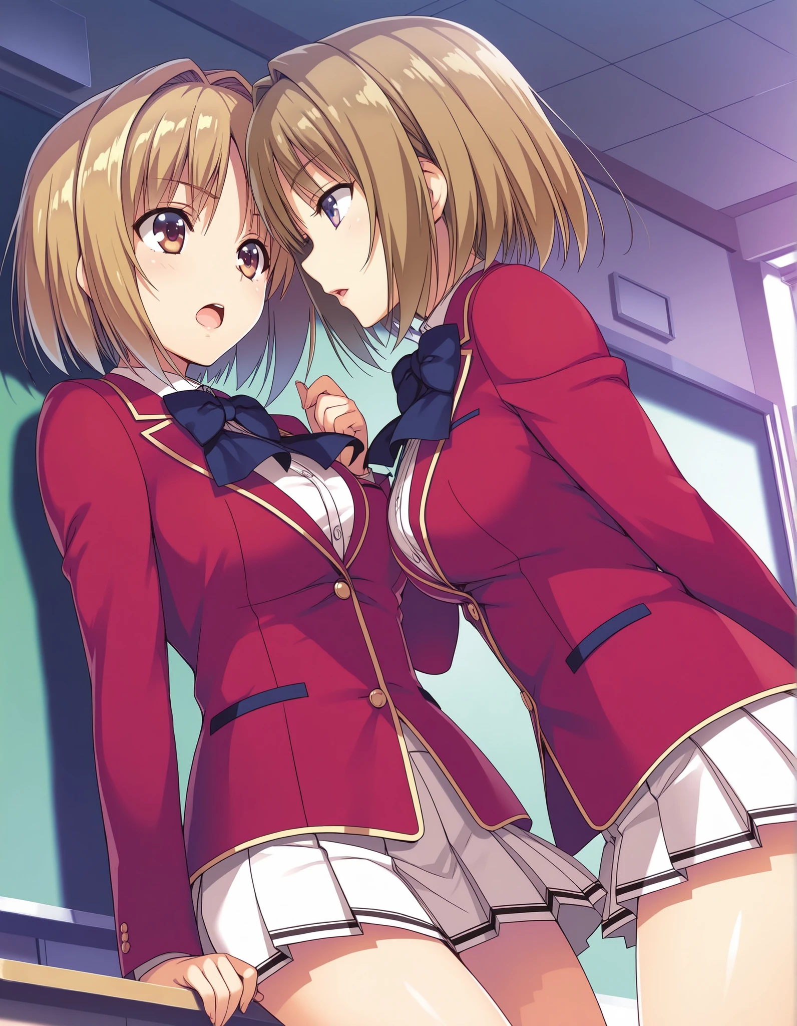 masterpiece, best quality, very detailed, , masterpiece, best quality,2 girls ,pair girls, standing ,face to face ,cowboy shot, Official Illustration ,Horikita Suzune ,Kushida Kikyou ,red blazer , pleated skirt ,white skirt , shirt ,blue bowtie ,thigh, from front ,classroom ,open mouth, glossy lips, talking ,