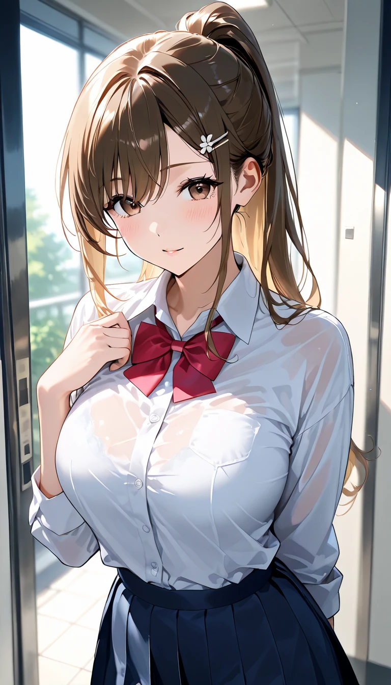 Masterpiece ,best quality , high resolution , (1 girl solo:1.38) , (asuna , brown hair , braid , brown eyes , long hair) , (cleavage:1.2) , (medium breast:1.28) , ( wear miniskirt , uniform , bow knot) , (cleavage:1.15) , (big breast:1.1) , (face view , front view , from front , look at view ) , (indoor , in classroom , windows , table) , (arms behind back , hands behind back) , (standing in sea , thighs ) , ( smile , open mouth , full face blush , shy )