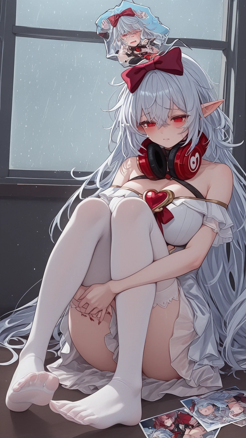 Skinny girl, short white hair, red eyes, fetishistic costume, black color, vinyl, exposed abdomen, exposed shoulders, blindfolds, red collar, garter belt, pink cat ears, choker, stockings., UHD, masterpiece, accurate, anatomically correct, textured skin, best quality, 4K