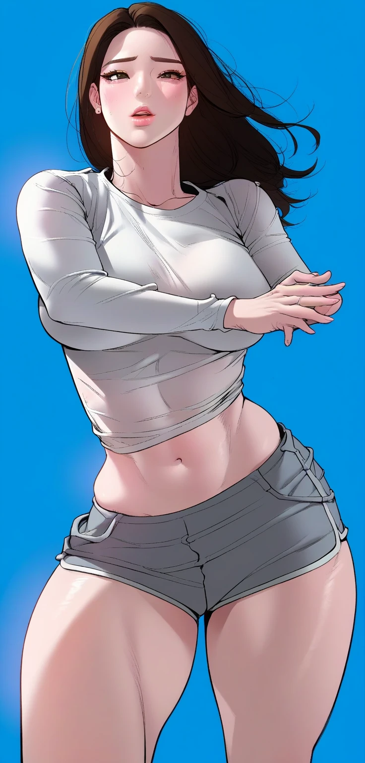 Curvy brunette Latina, lifting up white tank-top to reveal white cotton panties, comic book art style, intricate details