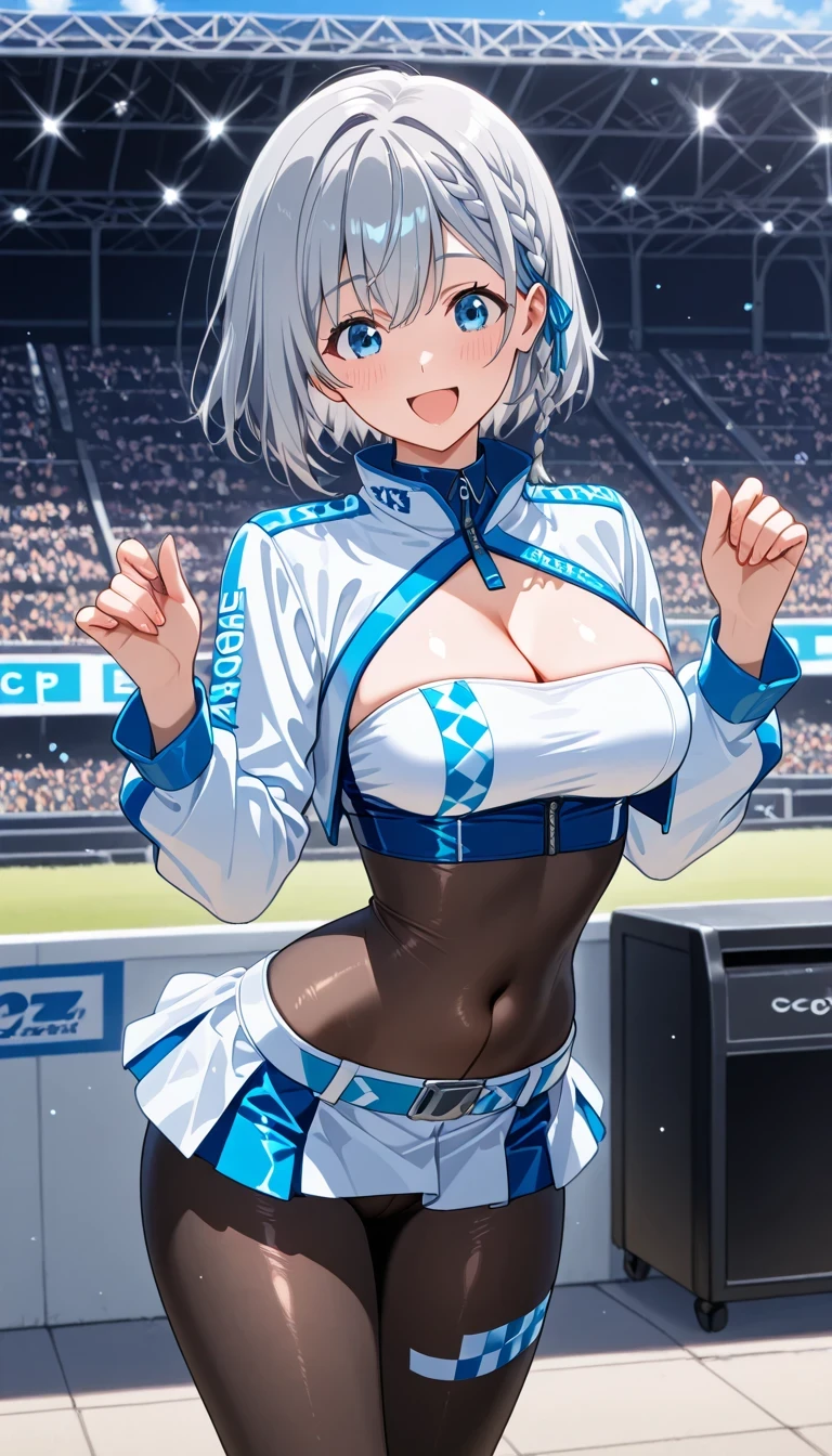 (((Masterpiece))), (((Highest quality))), ((Ultra-detailed)), ((Super fine illustration)), ((Ultra-fine painting)), (16K highest quality wallpaper:1.4), (Upper body:1.4), HDR, (Highly detailed and delicate illustration style:1.8), Detailed skin texture, Detailed cloth texture, Extreme detailed description, (Highly detailed face:1.4), (Highly detailed beautiful and shiny silver twintails:1.2), (Highly delicate beautiful and clear blue eyes:1.2), Original, Intricate details, Super details, Iridescent light:1.7, (Perfect anatomy:1.4), (Highly detailed hands:1.2), (Highly detailed fingers:1.2), (Highly detailed fingertips:1.2), (Sexy), (Sexy), (22-years-old), (Solo:1.8), ((Very beautiful and attractive silver (fox:1.4) female fashion model:1.4))
BRAKE
(Beautiful and adorable silver fox ears:1.6), (Highly detailed silver fox ears:1.2), (Beautiful and well-shaped big breasts:1.2), (Beautiful and well-shaped buttocks:1.2), (Beautiful and shiny silver twintails, twintails:1.6), (Beautiful and clear blue eyes:1.6), (Highly detailed eyes:1.4), (Highly detailed face:1.4), (Smile:1.5), (blush:1.3), (looking at viewer:1.4)
BRAKE
((Sexy cleavage cheerleader costumes for professional baseball teams:1.4))
BRAKE
(Concept art:1.2)
BRAKE
((The background is a professional baseball stadium on a sunny afternoon:1.4), (Just after noon), (Very beautiful and detailed sunny blue afternoon sky), Inside a professional baseball stadium on a sunny afternoon:1.2)
BRAKE
(NSFW)
BRAKE