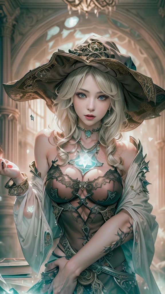 (RAW shooting:1.5, Photoreal:1.5, 8k, highest quality, masterpiece, ultra high resolution), magical world, perfect dynamic composition, Mysterious, Highly detailed skin and facial textures:1.3, Cute and sexy slim female wizard, beautiful and aesthetic, cute and sexy beauty, perfect style, wear elaborate rings, pose to cast a spell:1.3, fire, water, Wind, thunder, Fair skin, very beautiful face, (Medium chest, Chest gap), (embarrassing smile, The expression on your face when you feel intense caress, Facial expression when feeling pleasure), (Wear the elegant wizard costume with split shoulders correctly), (beautiful blue eyes, Eyes that feel beautiful eros:0.8), (Too erotic:0.9, Bewitching:0.9), full body shot