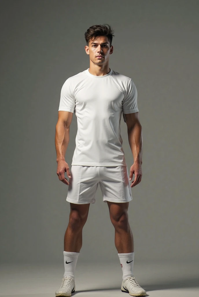 muscle handsome blonde guy 18 yo, wear transparent gray shirt, bulge shorts, standing on soccer field, akimbo, wet shirt