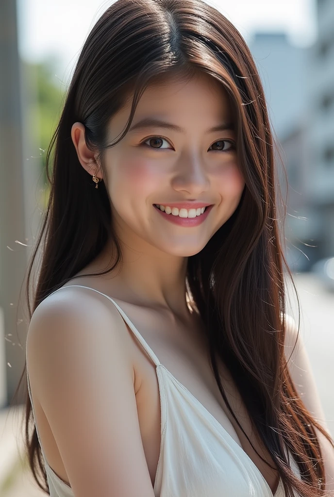 neat college girl、petite person、Outside the field、(Slimed、small tit、flat boobs、small tit)、Photorealsitic、detaileds, Skin Texture, ultra-detailliert、Delicate and sexy collarbone、A smile、Super Detailed Face、Detailed lips、A detailed eye、二重まぶた、18years old girl、((Nipple bumps、Wet ,no clothes ))、Standing、Bun hair,show full body,