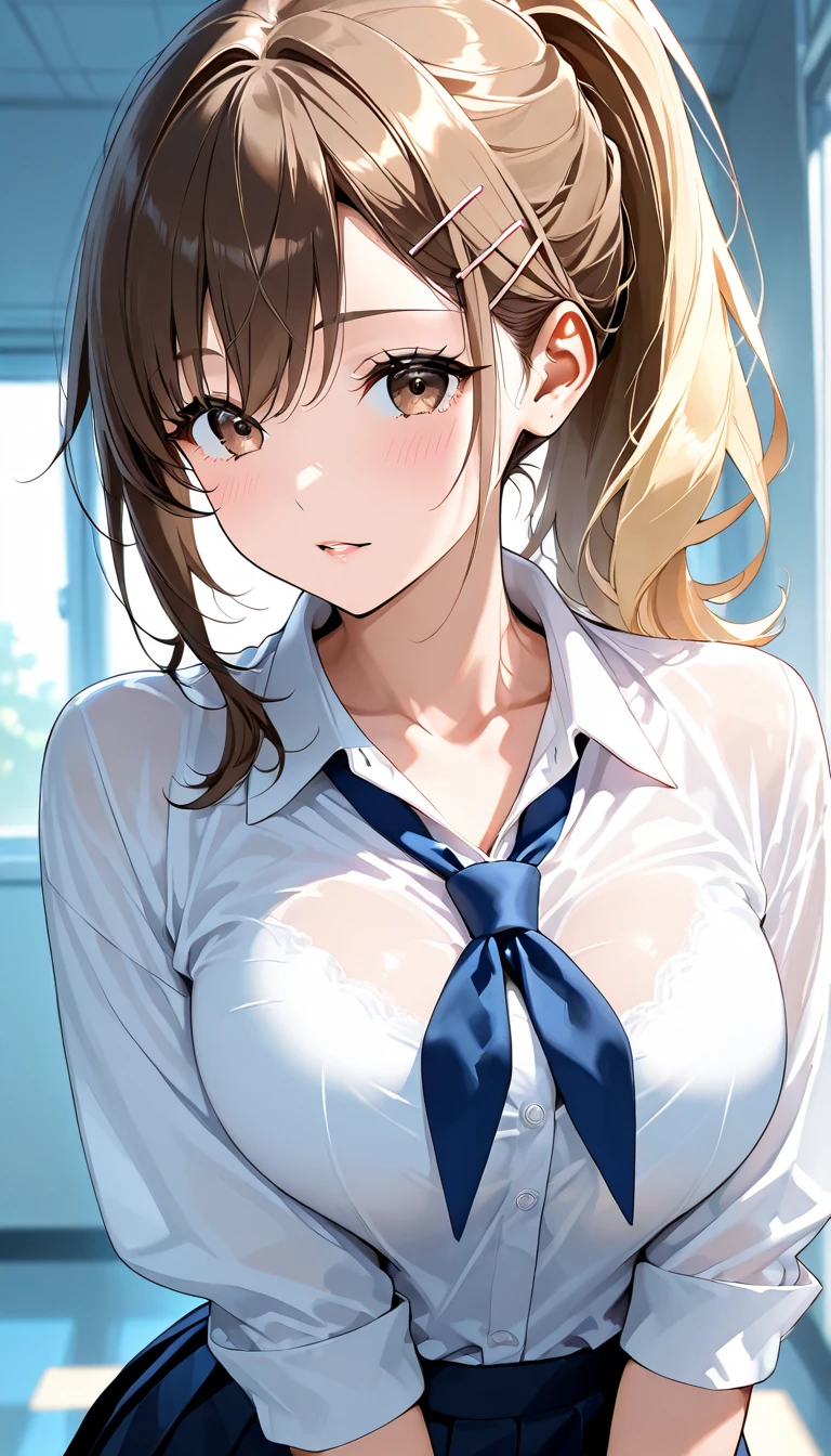 (Highest quality, Ultra-high resolution、The most complex and detailed depiction、masterpiece、8k, RAW Photos, Best image quality、Very detailedな顔、Attention to detail、Beautiful woman、Realistic、photo-Realistic、Very detailed, Beautiful attention to detail:1.5),(One adult woman:1.3)、(blush)、(Gal-style makeup、mascara 、eyeshadow、Dark eyeliner、Long and beautiful eyelashes、False eyelashes、double eyelid、heavy makeup、hostess、Brown eyes:1.5)，high school girl,((Collared short-sleeved shirt, White shirt, school uniform, Grey plaid pleated skirt, Blue checked bow tie, Wearing a black thong)) (A seductive smile),(under boob、Huge breasts:1.2)、(Cleavage:1.2)、(((Light brown hair、Wavy Hair、short hair)))、elongated nose、Face with gills、(Perfect Style，sexy)、Saggy breasts、Large saggy breasts、((Sweat、Your body is wet、Skin that lets the shirt show through))、((lying on bed、armpits、spread legs))、Sleepy face