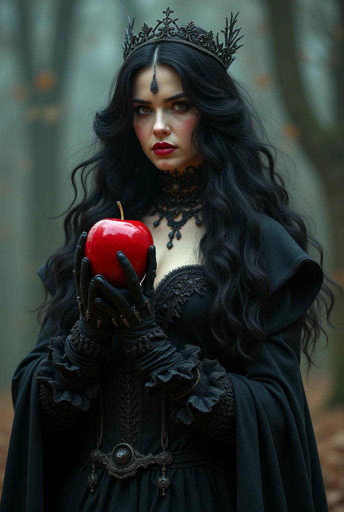 girl,Black long hair,Black Queen,Accessories,Apple in hand,Poison apples,Witch Queen,Red lipstick