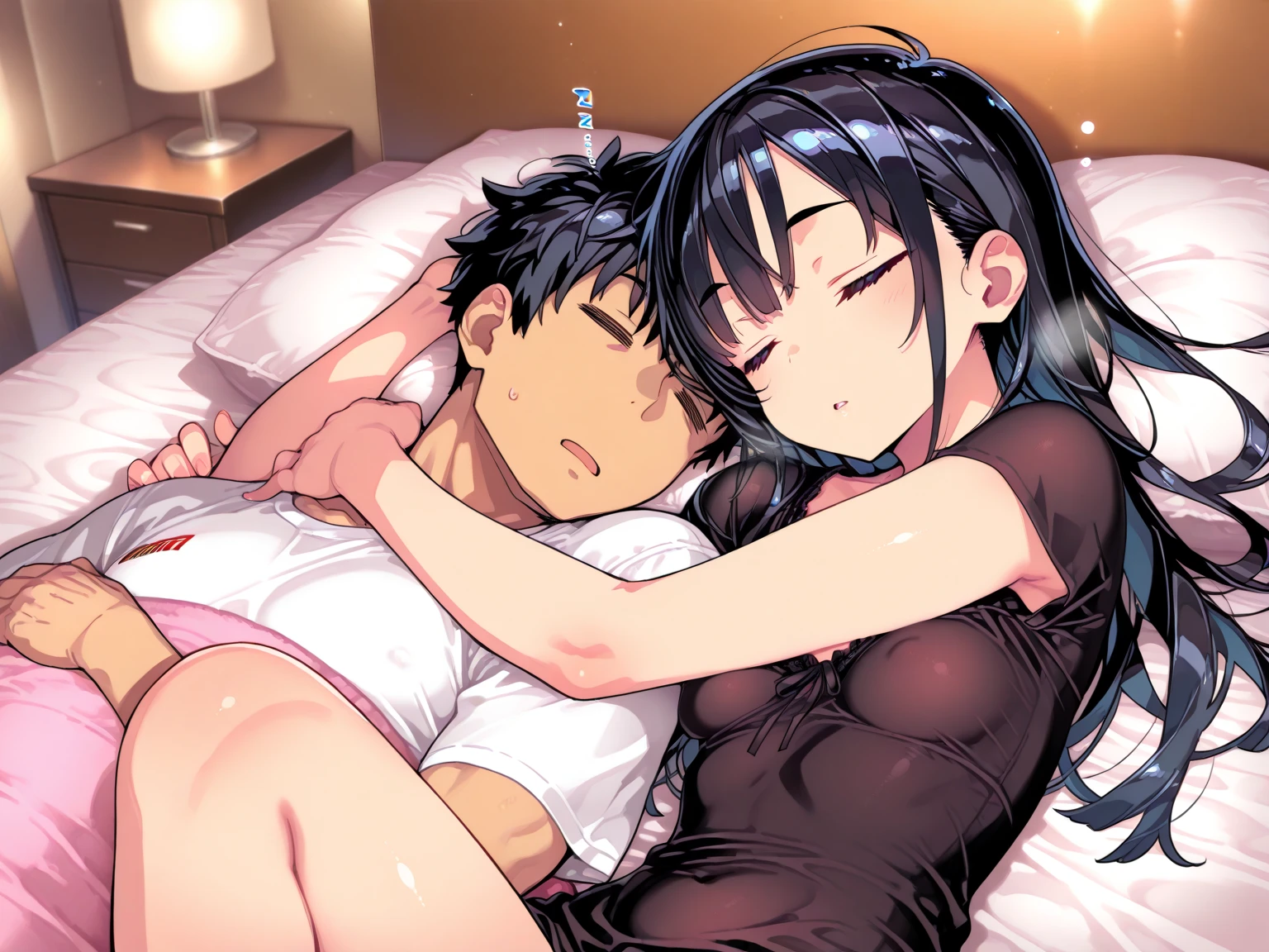 nsfw, masterpiece, anatomically correct, highres, best quality,(1 boy and 1girl are having sex),1girl, ((1boy)),(hetero), lying, hug, 1boy, Breast sucking, (breast sucking:1.5), (licking breast:1.5), ((grabbing another’s breast)), grabbing from behind, (snake tail), (Background: on bedroom bed), black hair, long hair girl, (hetero), ((beautiful large breasts 1.5)), boys in clothes, (Nude girls), (girls in panties:1.3), white panties, panties aside, pussy juice stain,(1 boy, crotch grab:1.6), shy, blush, parted lips, heavy breathing, (drooling), endured face, excited, ((sweat, steam:1.5)), wet, looking away, full body
