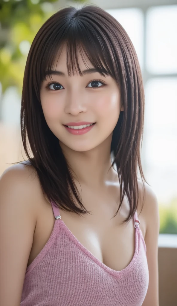 (8K,Raw photography,top-quality,​masterpiece:1.2),high-definition RAW color photography,professional photograpy,(realisitic,photoRealstic:1.37),ciinematic light,1girl in,A smile,Upper body close-up,Overflowing breasts,huge-breasted,Breasts overflowing from clothes,Sexy Bikini,short cut hair,Beautiful skin
