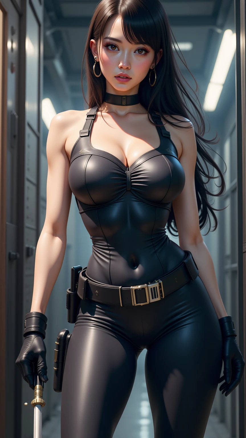 solo, super fine photo, portrait Unreal Engine 5 8K UHD of beautiful and cute girl, silver and black color scheme tight cybernetic latex catsuit, cyberpunk face mask, cybernetic glove, futuristic design, dark grey neon lights details, beautiful make up, luxurious, best quality, masterpiece, official art, unified 8k wallpaper, super detailed, sharp focus, dynamic pose, body parts, (detailed pupils), (detailed iris of eyes), (detailed color contact lenses),(huge chests), huge breasts, busty, wide bottoms, wide hips,  thick thighs,  plump buttocks, slim waist, open tummy, open belly button, sports body, pointed ears, ,
erect nippleslips nidden under slim tight clothes, cowboy shoot,