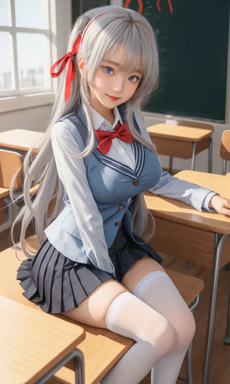 (masterpiece:1.2, top-quality), (realistic, photorealistic:1.4), beautiful illustration, (natural side lighting, movie lighting), ,
looking at viewer, upper body, 1 girl, japanese, high school girl, perfect face, cute and symmetrical face, shiny skin,
(middle hair, straight hair, silver hair), hair between eyes, dark red eyes, glowing eyes, big eyes, long eye lasher, (medium breasts), slender,
beautiful hair, beautiful face, beautiful detailed eyes, beautiful clavicle, beautiful body, beautiful chest, beautiful thigh, beautiful legs, beautiful fingers,
((fumizuki academy , wain-red blazer, white collared shirts, grey pleated mini skirt), dark blue bow tie),
(beautiful scenery), evening, (school classroom), standing, (lovely smile, upper eyes),