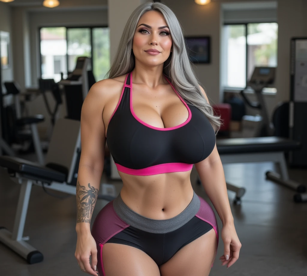gordo, uma linda mulher de 70 anoaduro), ((vestindo uma linda roupa de fitness)), Shorts de lycra, Realista, Gordinho, rosto liso, Olhos perfeitos, symmetrical, 8K high definition, incrivelmente detalhado, intricado, elegante, arte de David Kostic e Stanley Lau e Artgerm, pele perfeita, lindo atemporal, gordo, maduro, (Seios enormes:0.8), batom, linda coxa, cabelo branco, (malhando na academia), Gordinho, ((treinamento)), pele molhada, cara feliz