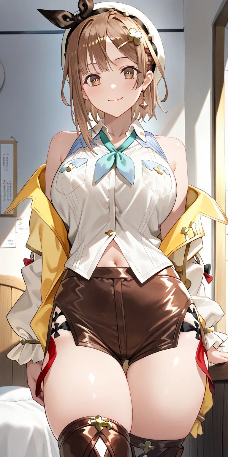 Masterpiece,best quality,Kousaka honoka, blue eyes, white shirt, white leotard, plain brown pantyhose,red necktie, black jacket , breasts,long hair , twintails , rabbit ears,in bar, chun li pose ,cleavage open