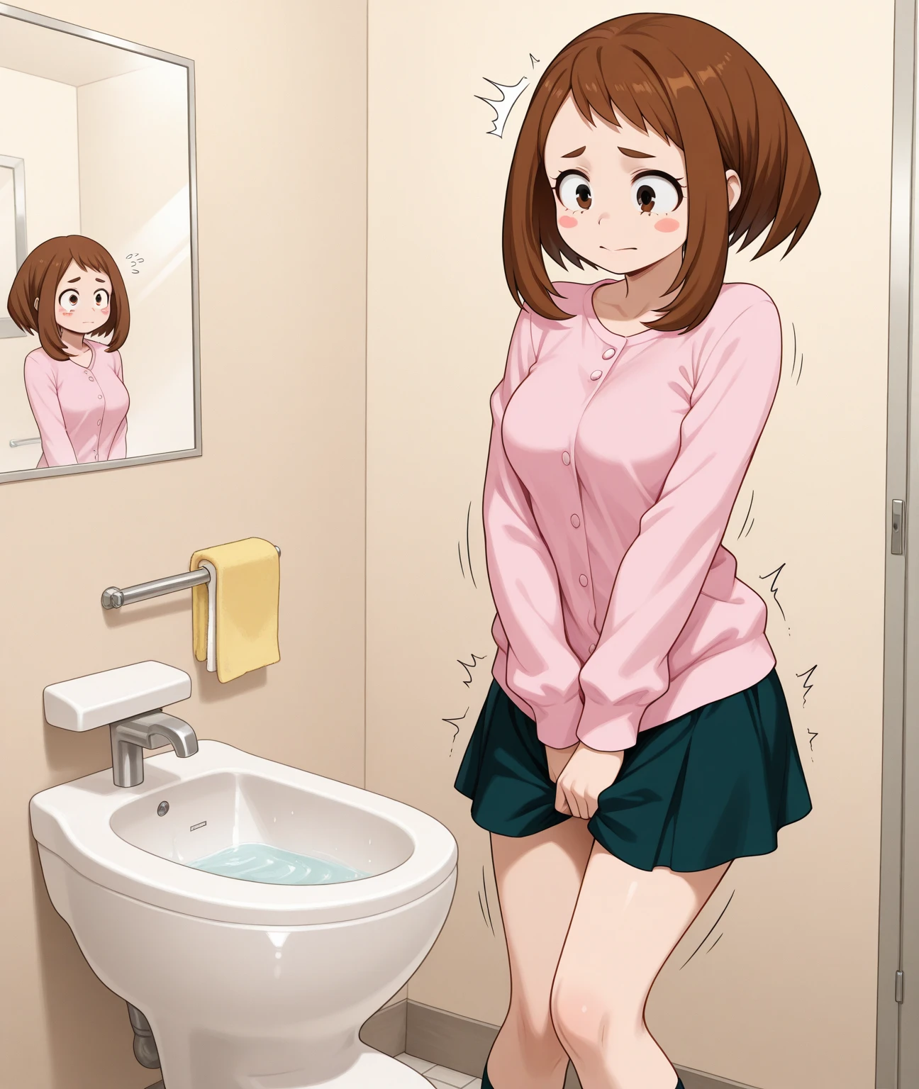 There is a cartoon picture of a woman standing on the toilet, Realistic anime 3 D style, the anime girl is crouching, beautiful anime girl crouching, 3 d anime realistic, render of a cute 3d anime girl, anime 3 d art, Smooth anime CG art, hyper realistic anime, author:Yoshitomo Nara, Yoshitomo Nara