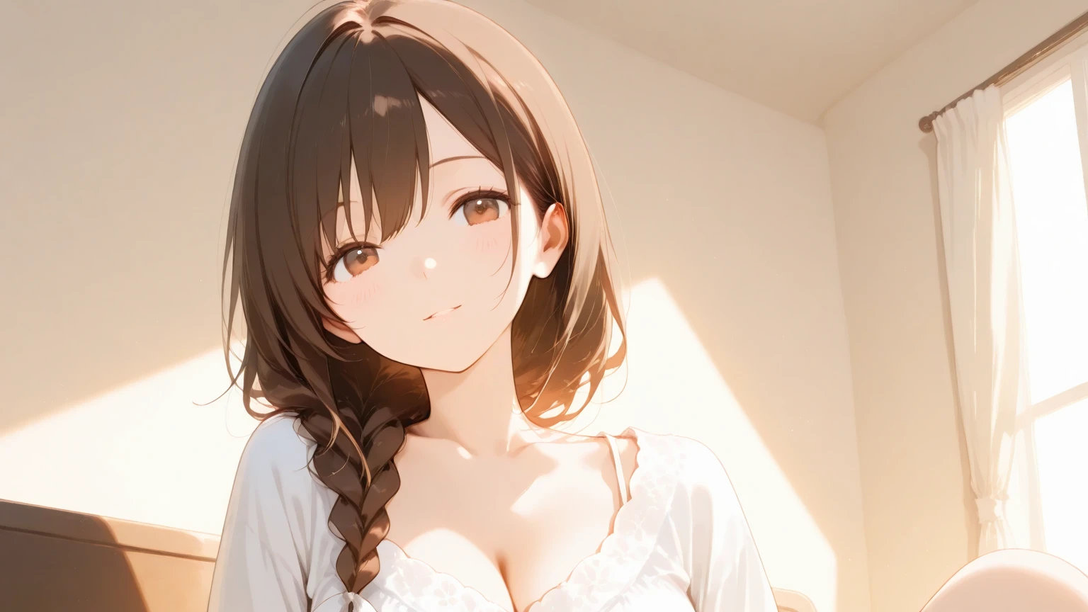 side angle, (looking away:1.5), Upper Body, Realistic, real person, (pale skin: 1.2), RAW photo, photorealistic, shiny skin, shiny hair、(A 2 woman with medium-length hair and bangs) and (wavy hair) and (brown hair) and (orange eyes:1.5) and (half closed eyes), (white) and (off shoulder blouse) 、Cleavage、smile, The background is the living room、Alone、Are standing