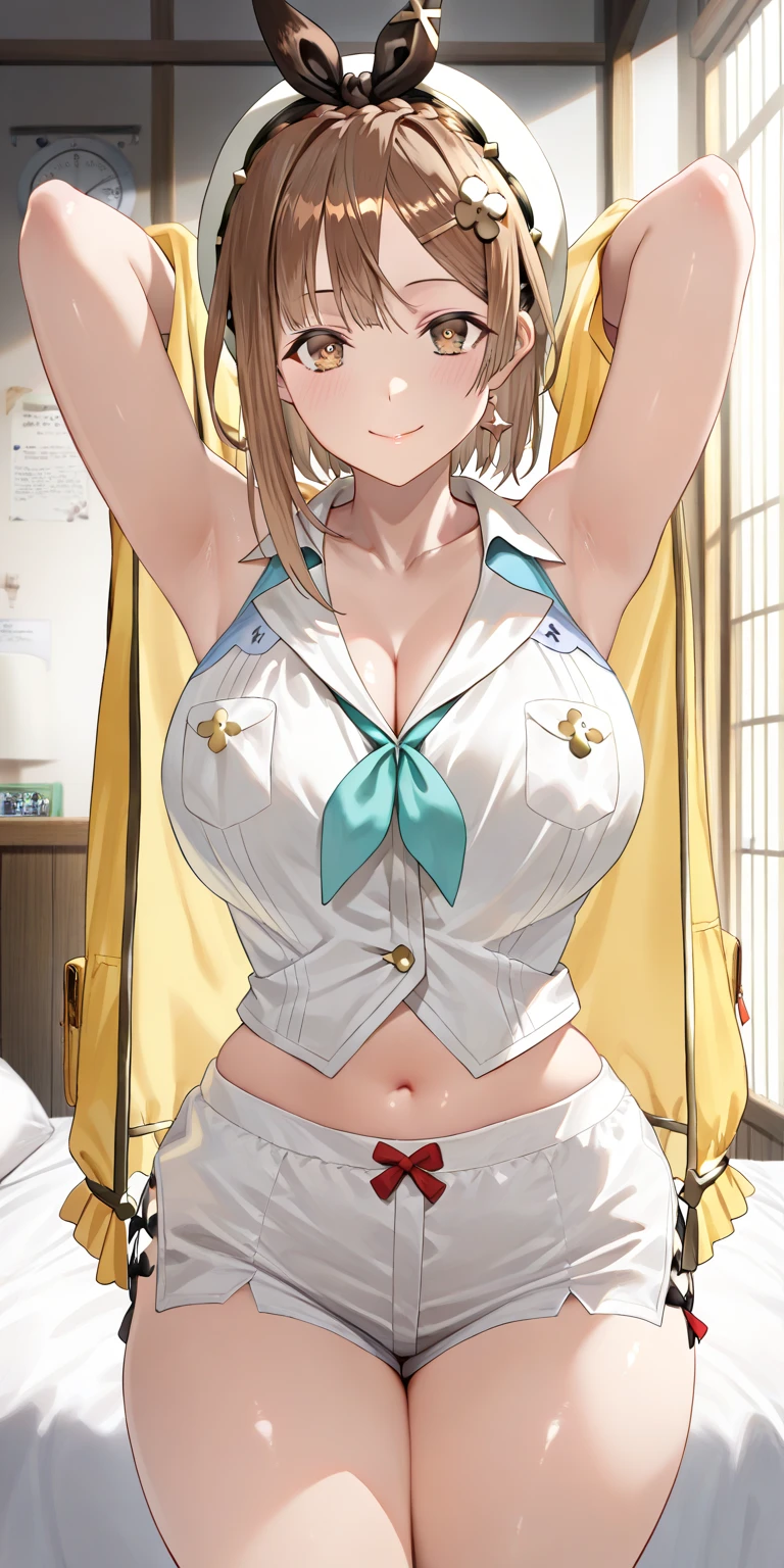 Cute naughty martial artist, Pastel colors hair, (large breasts:1.2, bursting breasts, Thighs:1.2, thick legs:1.2, curvy:1.2), yellow orange hair, (undercut:2.0, short two side up:1.2, medium hair:2.0), (naked:1.4), standard height, (blush:1.2, fang:1.2, ;d), at the adventurer's guild, A bulletin board with posted paper, fighting stance