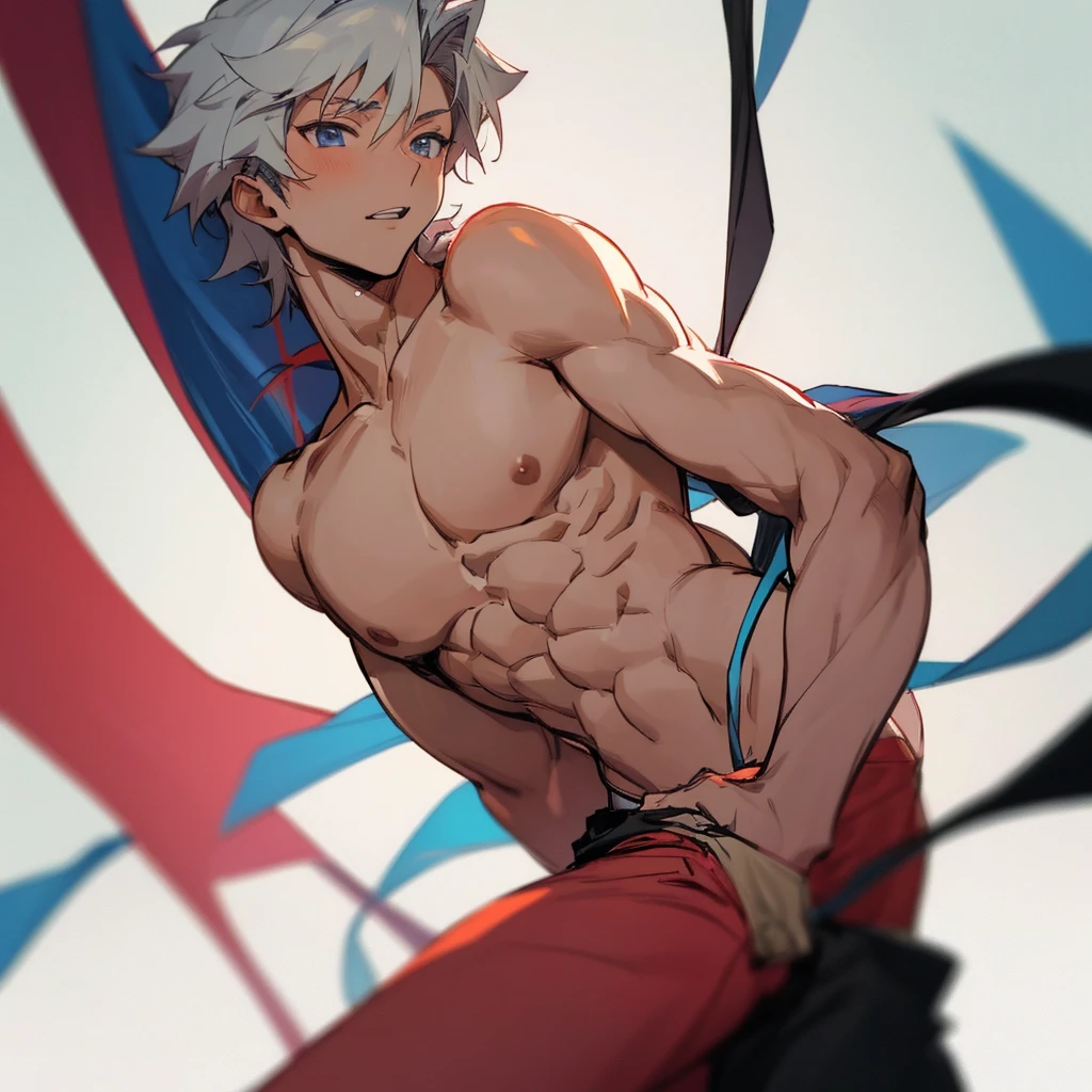 score_9, score_8_up, score_7_up, rating_explicit, source_anime, white hair,Man, pale skin, Scars, red eyes, thong, bulge, bleeding, Curative, Bandages all over the body, male only, yaoi, anime style