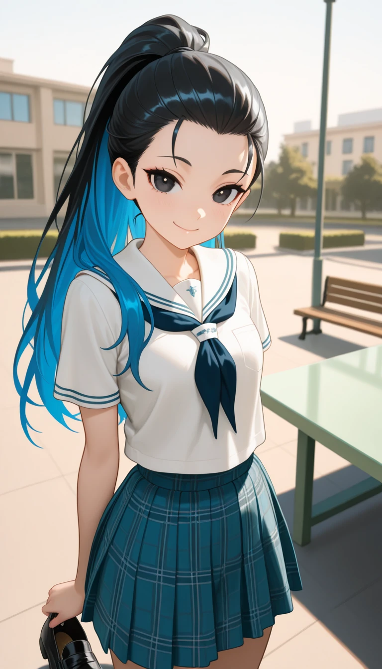 masterpiece, best quality, highres, 1girl yuki himeno twintails, red skirt sweater vest short sleeves <lora:yuki_himeno:1> photorealistic, hand on hip