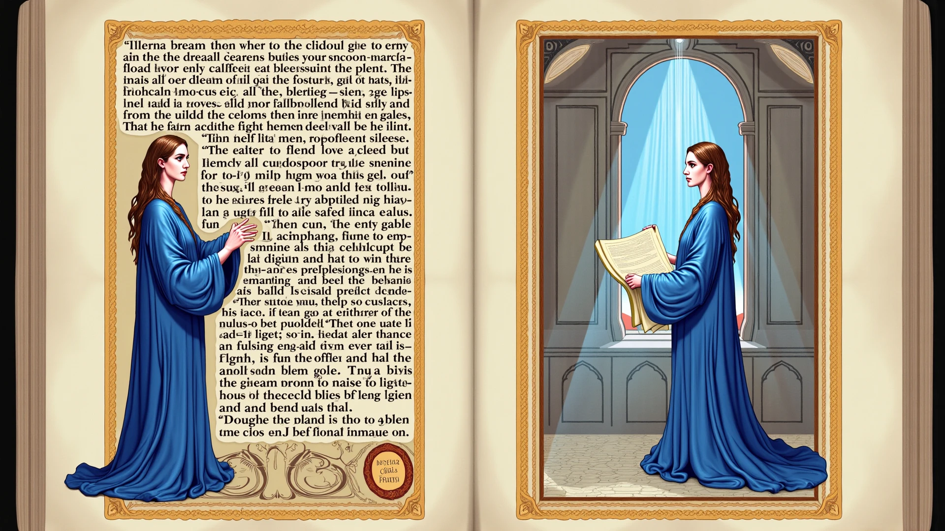 Forward facing full body illustration, mermaid, (curvy:1.3), (chubby:1), masterpiece, single powerful gold tail, large fin, iridescent highlights, golden mahogany brown hair, brown pupils, (large breast:1.1), sensual, roman nose, round chin, low cheekbones, reading large book, sitting in old rocky throne, surrounded by a library of books, underwater cavern opening in background, natural lighting