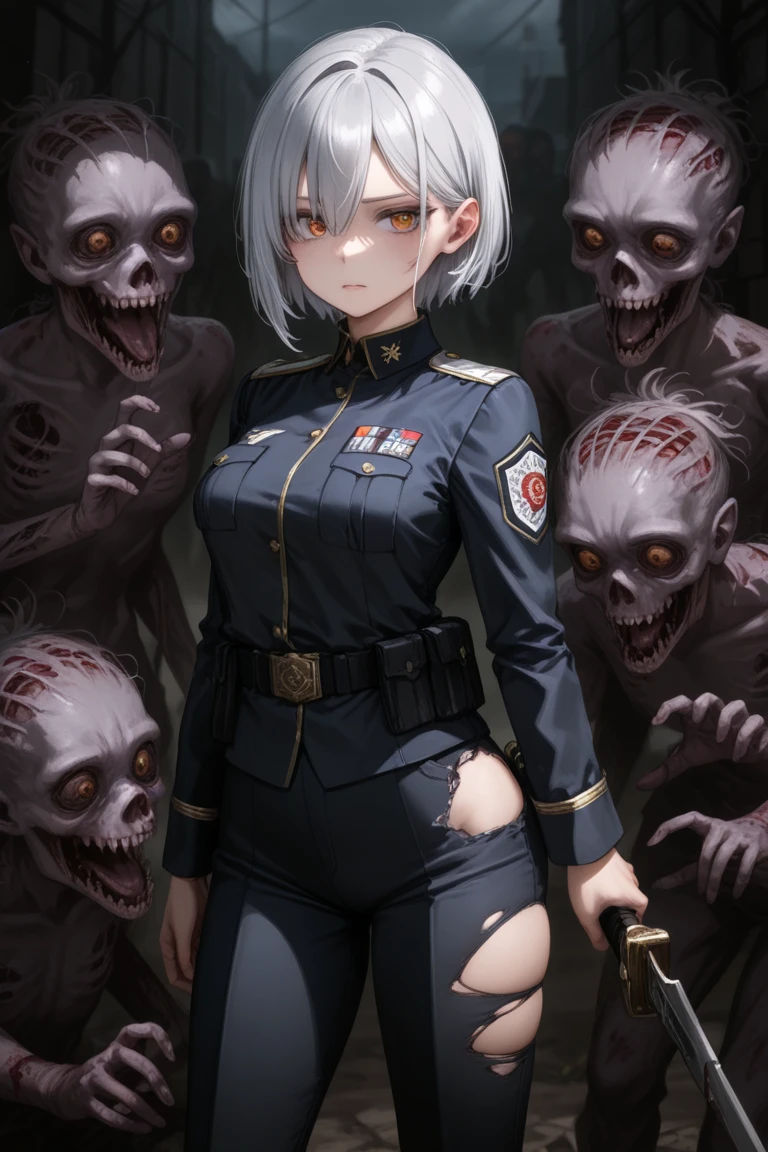 A big-breasted anime girl with long silver hair and wearing a police uniform is surrounded by zombies holding a rifle in both hands